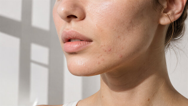 woman with acne on cheek. Close up of face skin showing pimple and texture. Skincare and beauty routine concept. Natural look of problematic skin for dermatology and blemish treatment