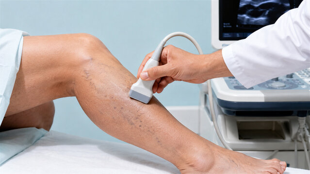 doctor performing ultrasound examination on woman leg showing varicose vein. Specialist doctor checking blood flow in lower limb with medical scanner. Healthcare diagnostic procedure