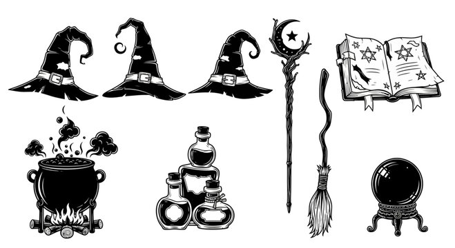 Vintage witch magic icons set, black and white occult alchemy vector elements, mystical wizard hats and potion bottles for Halloween design