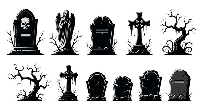 Gothic cemetery gravestones and spooky dead trees vector set, black silhouette tombstone icons with skull and angel, haunted graveyard elements