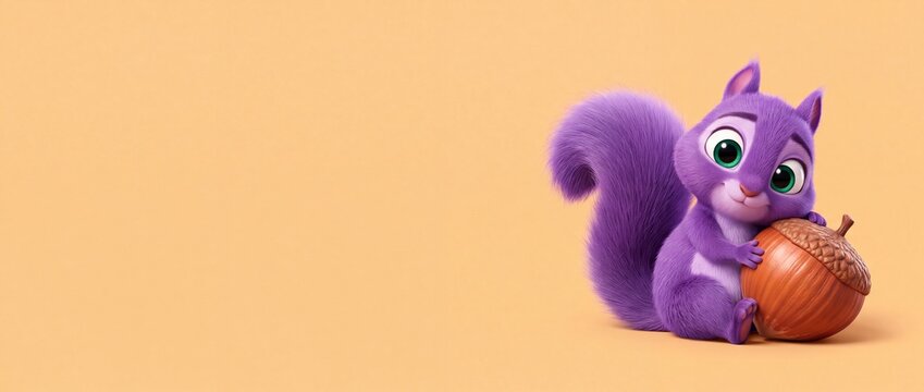 Cute purple squirrel cartoon character holding a big acorn on a plain peach background with copy space, cute 3D animated animal mascot, adorable fluffy tail rodent illustration for banner design.