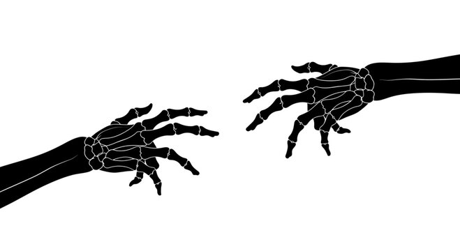 Gothic skeleton hands reaching out, black skeletal arm bones silhouette, spooky anatomical hand vector illustration for Halloween and horror design