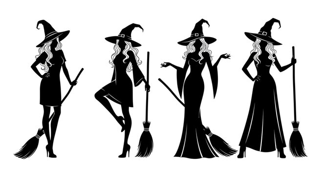 Halloween witch silhouette collection, elegant female sorceress with broomstick and pointed hat, set of 4 mystical lady wizard vector icons