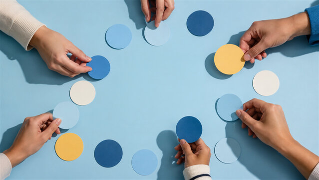 group of people arranging colorful paper circles in a circular pattern on blue background. Teamwork and collaboration concept. Creative workshop activity for brainstorming and strategy.