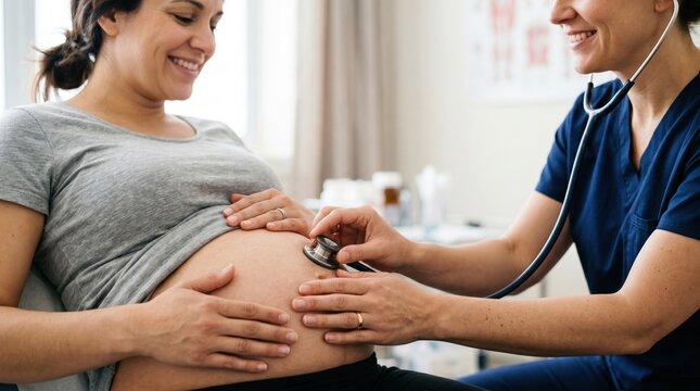 Smiling pregnant woman reclines while a nurse in scrubs uses a stethoscope on her bare belly, hands resting on the bump during a prenatal checkup