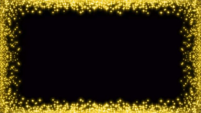 Rectangular frame with shimmering golden star particles glittering movement on a black background, elegant glitter trail border effect, Magical golden glitter trail sparkles animation.4k video