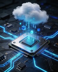 Fototapeta premium A futuristic digital cloud computing concept featuring data packets streaming from a fluffy cloud onto a glowing motherboard processor