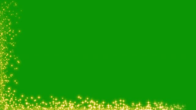Shimmering gold stars frame animation with green background on elegant glitter trail border effect, elegant glitter trail border effect, Magical golden glitter trail sparkles animation. 4k video