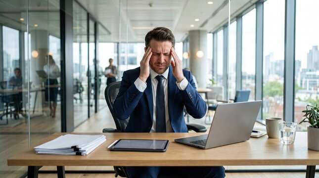 Businessman in suit at office desk holding head in stress, laptop open beside tablet and papers, glass wall meeting room behind, bright city view through windows