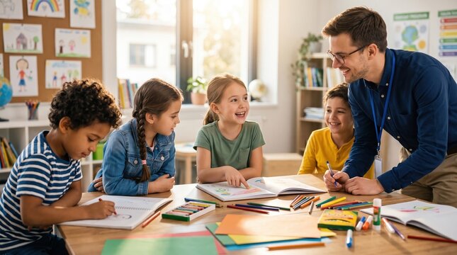 Teacher helping children with homework at a classroom table, smiling and talking while they write in notebooks with colored pencils and markers; drawings and charts on wall