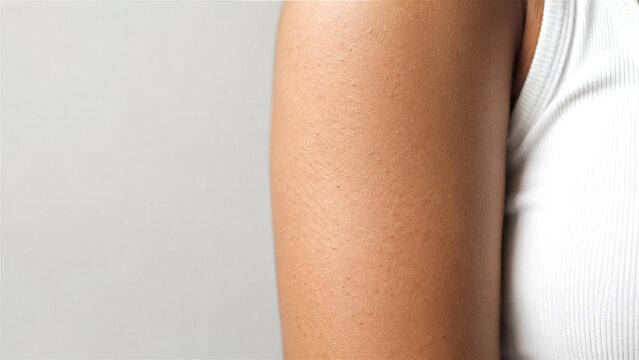 close up of woman arm with keratosis pilaris. Skin condition showing small red bumps on upper arm. Dermatology issue, dermatological treatment, skincare health concept and body care