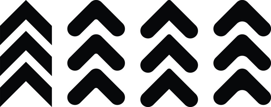Chevron Up Arrow Set. Swipe Up, Level Up, and Upgrade Symbols. upward pointing arrow icons collection