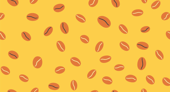 Roasted brown coffee beans seamless pattern floating over a vibrant bright yellow background for cafe menu design.