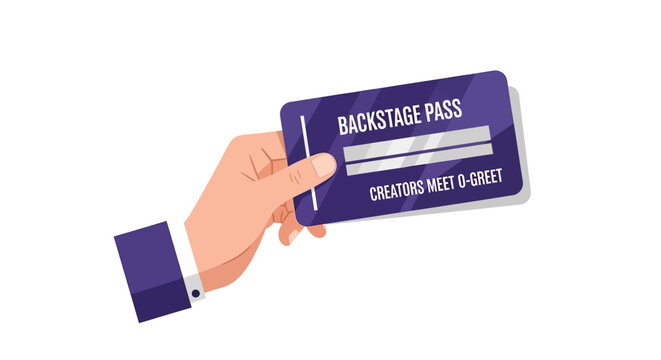 Hand Holding a Purple Backstage Pass for Creators Meet and Greet Event
