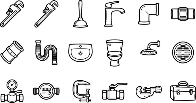Hand Drawn Plumbing Tools and Bathroom Fixtures Icon Set with Pipe Wrench, Faucet, Toilet, Shower, Valves and Repair Equipment