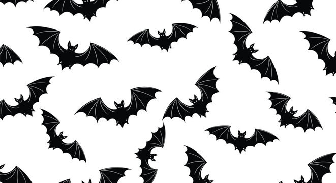 Seamless Halloween pattern of many realistic flying black bats with detailed wings on a solid white background.