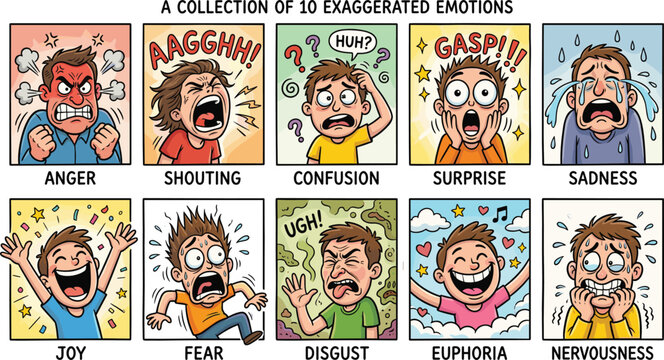 Retro Comic Strip Vector Set with Ten Exaggerated Human Emotions Featuring Anger Shouting Confusion Surprise Sadness Joy Fear Disgust Euphoria and Nervousness