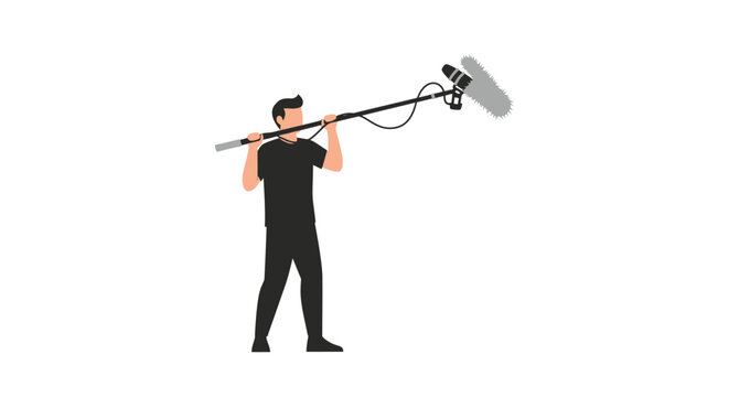 Boom Operator Illustration - Sound Recordist Holding Directional Microphone with Windshield on Pole for Film and Video Production