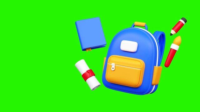 Back to school with educational items and supplies animation on a green screen background