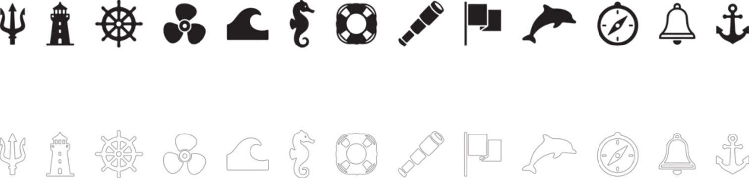 Marine navigation elements set vector icon filled and outline, cruise attributes and ocean decor symbol.