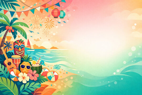 Tropical Summer Beach Festival Background with Colorful Island Decorations and Copy Space