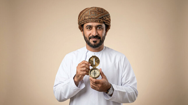 Proud omani man in a traditional embroidered kumma hat holding a vintage golden compass device in studio