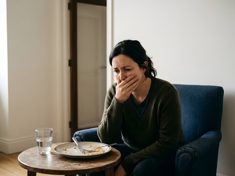 Woman feeling nauseous and covering mouth with hand after meal, indigestion
