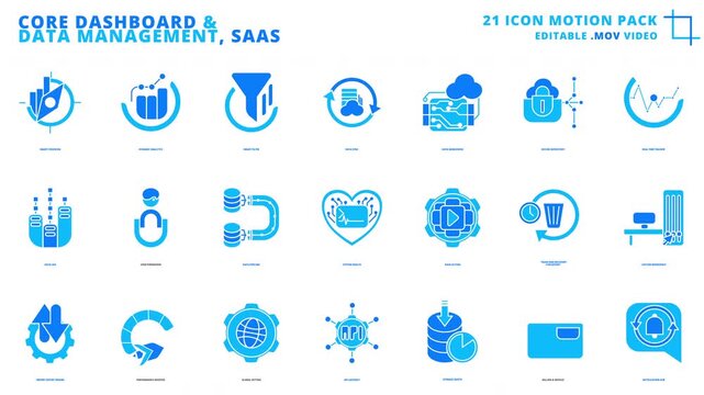 Editable motion MOV Animation, Core Dashboard , Data Management Business , Saas UI UX Vector Icon Pack Motion Bundle in Modern Business Blue Style for Software Dashboard Development