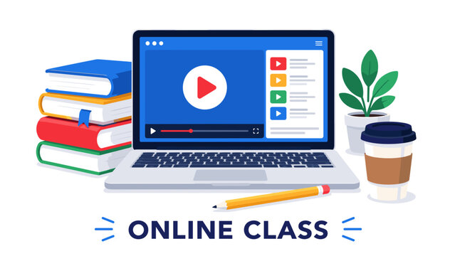 Laptop shows video lesson with colorful controls. Books stack beside screen, symbolizing study. Coffee cup and pencil nearby suggest focused learning. Plant adds fresh, calm atmosphere