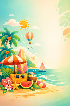 Summer Beach Vacation Banner with Travel Accessories and Copy Space