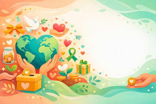 Environmental Charity and Donation Banner with Heart Earth and Copy Space