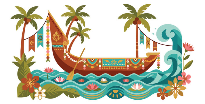 Onam festival snake boat race with palm trees and flowers flat vector illustration.