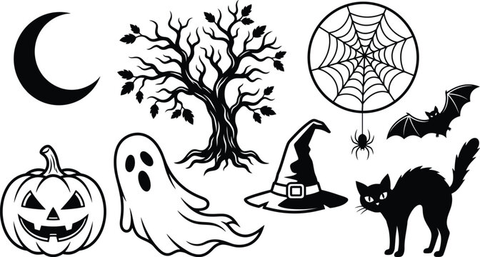 Halloween scarecrow with ravens and tombstones black and white vector illustration