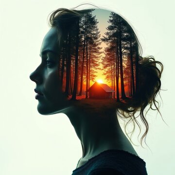 Profile of young woman with double exposure of forest landscape. Silhouette contains tall pine trees at sunset, cabin house. Concept art shows harmony between nature, human mind. Creative imagery
