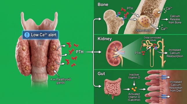 Detailed illustration of parathyroid gland releasing hormone in human body with molecular structure