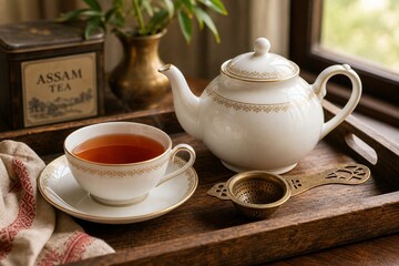 Fototapeta premium White porcelain teapot set with amber Assam tea on a rustic wooden tray.