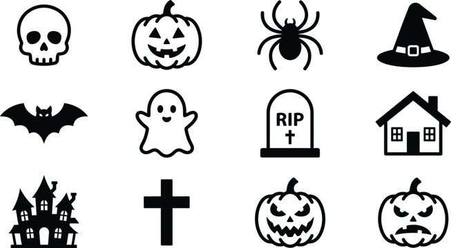 Halloween icons set including spooky symbols and characters
