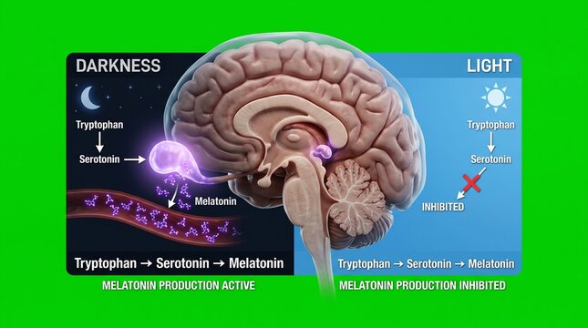 Scientific diagram showing pineal gland converting serotonin to melatonin in darkness and light