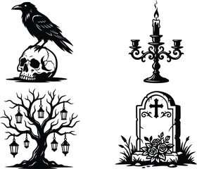 Fototapeta premium Halloween silhouette icons set