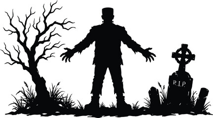 Frankenstein's monster silhouette with cemetery elements for halloween designs © faria