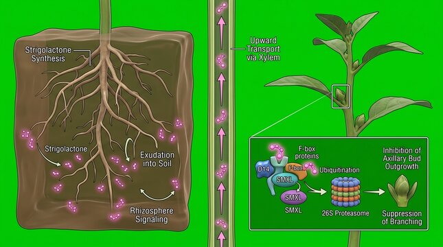Scientific diagram showing plant root system exuding strigolactone chemicals in soil