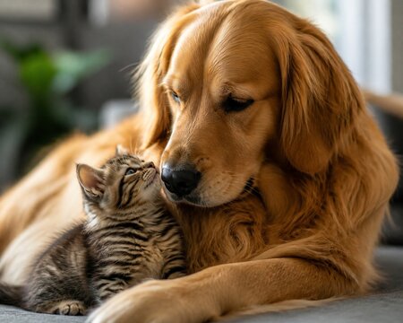 Golden retriever and kitten together in peaceful interaction.