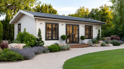 Fototapeta premium White backyard studio accessory dwelling unit with dark framed windows and doors, creating a detached workspace or guesthouse amidst a meticulously landscaped garden, gravel path, and lawn