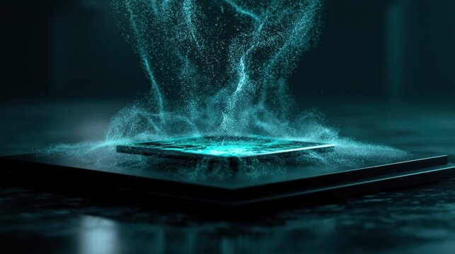 Particles come together to form a holographic card in a digital wallet. The scene shows a dark teal atmosphere with glowing effects.