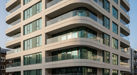 Fototapeta premium Modern Residential Architecture Featuring Curved Balconies and Contemporary Facade Design on a Sunny Day
