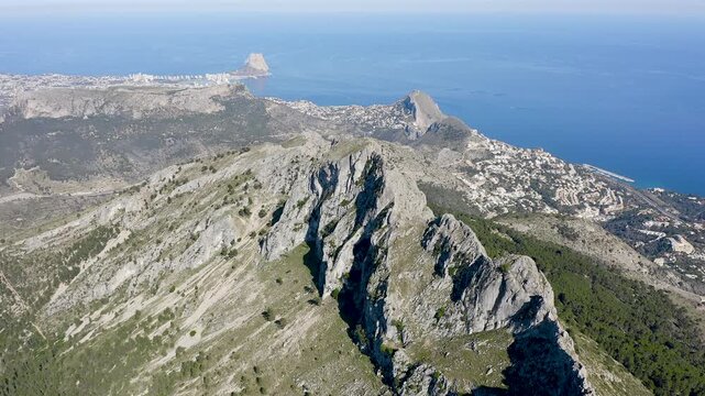 Aerial view of the summits of Sierra de Bernia, that extends approximately 11 km from west to east, perpendicular to the Mediterranean coast, Spain. 