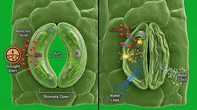 Microscopic view of plant stomata opening and closing mechanism in scientific detail