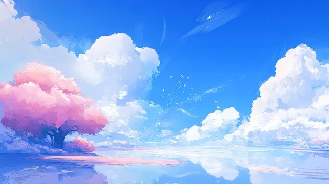 Serene landscape with pink tree reflecting in calm water under a vibrant blue sky with fluffy clouds and birds.
