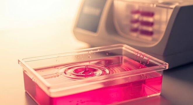 Laboratory experiment with pink staining solution and droplet creating ripples