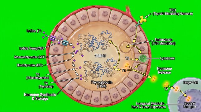 Scientific Diagram Illustrating Thyroid Follicle T3 and T4 Hormone Production Process